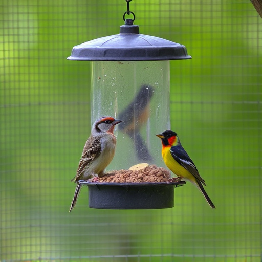 Birds feeding inside squirrel-proof cage