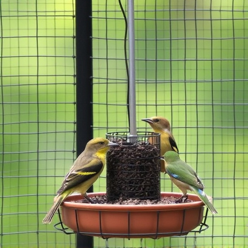 Birds feeding inside squirrel-proof cage