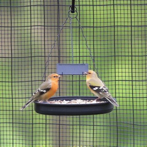 Birds feeding inside squirrel-proof cage