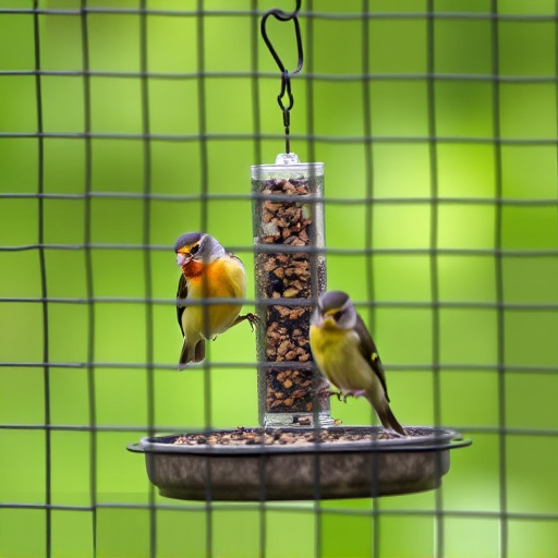 Birds feeding inside squirrel-proof cage