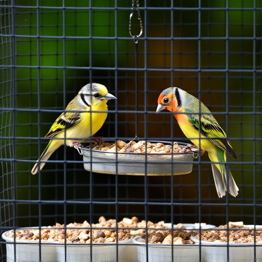 Birds feeding inside squirrel-proof cage