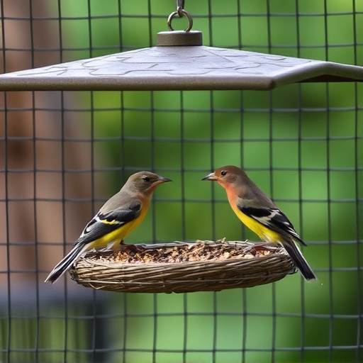 Birds feeding inside squirrel-proof cage