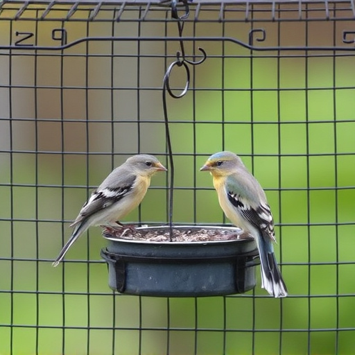 Birds feeding inside squirrel-proof cage