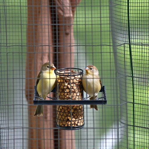 Birds feeding inside squirrel-proof cage