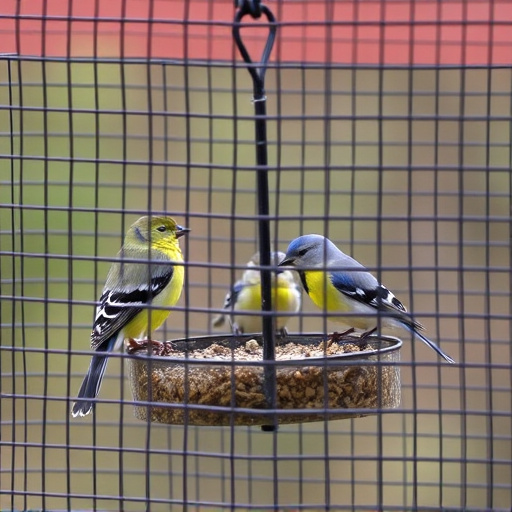 Birds feeding inside squirrel-proof cage