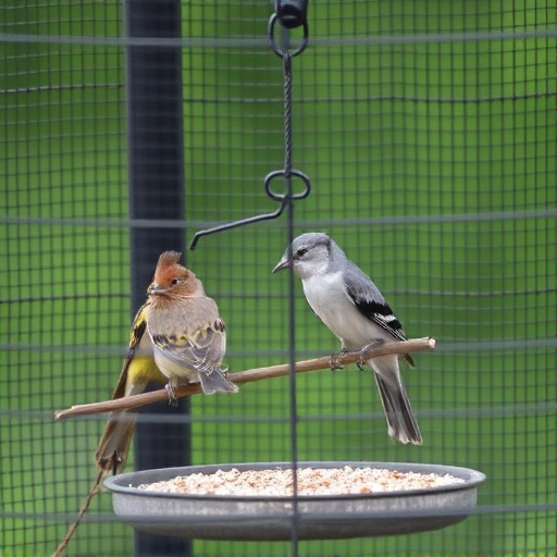 Birds feeding inside squirrel-proof cage