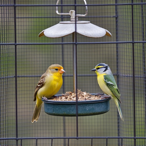 Birds feeding inside squirrel-proof cage