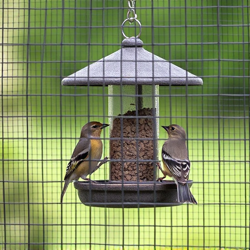 Birds feeding inside squirrel-proof cage