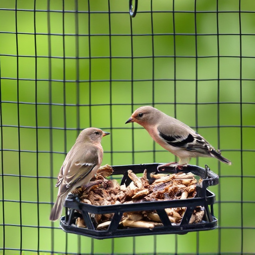Birds feeding inside squirrel-proof cage
