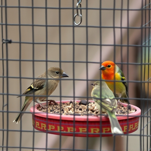 Birds feeding inside squirrel-proof cage