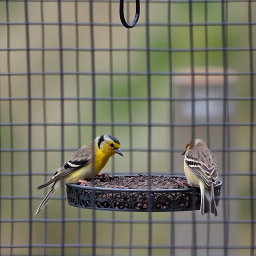 Birds feeding inside squirrel-proof cage