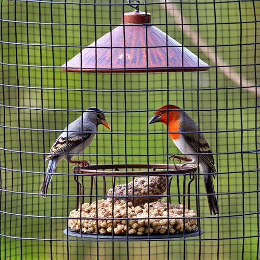 Birds feeding inside squirrel-proof cage