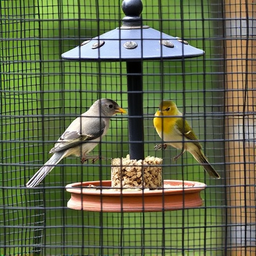 Birds feeding inside squirrel-proof cage