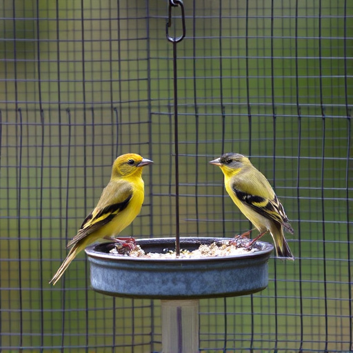 Birds feeding inside squirrel-proof cage