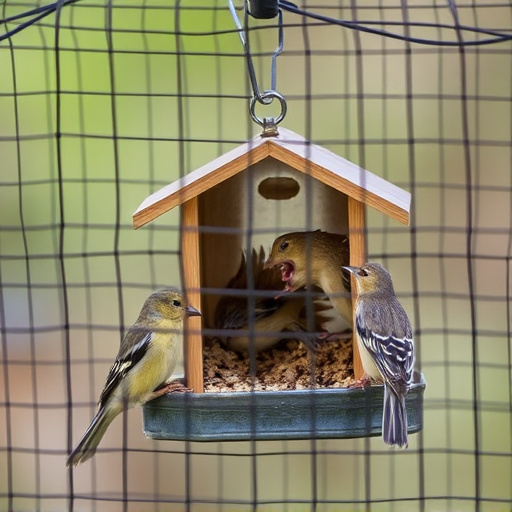 Birds feeding inside squirrel-proof cage