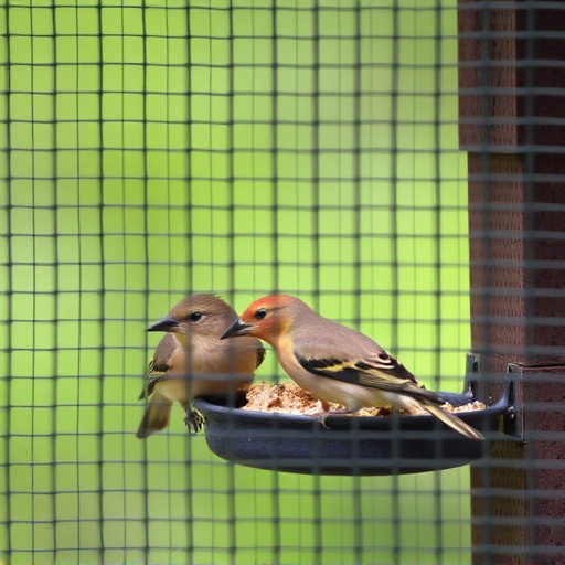 Birds feeding inside squirrel-proof cage