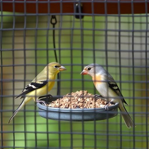 Birds feeding inside squirrel-proof cage