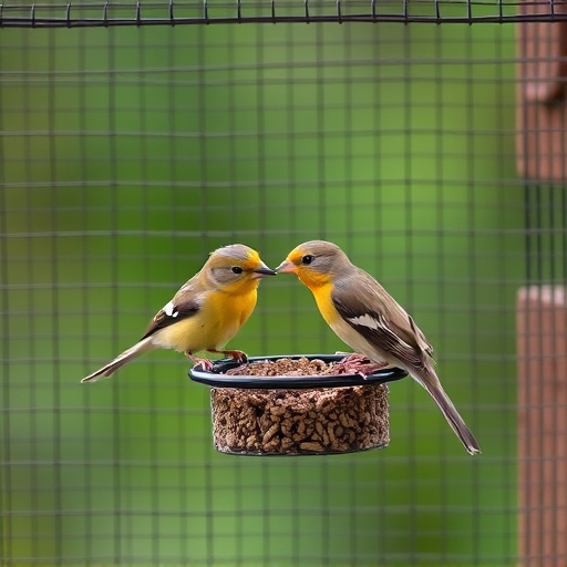 Birds feeding inside squirrel-proof cage