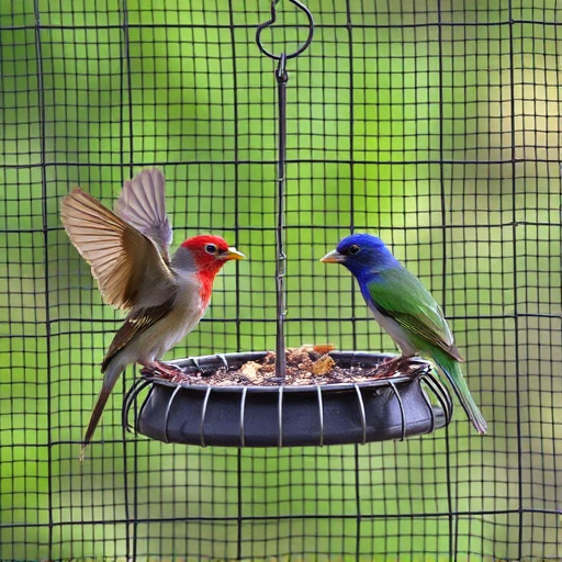 Birds feeding inside squirrel-proof cage