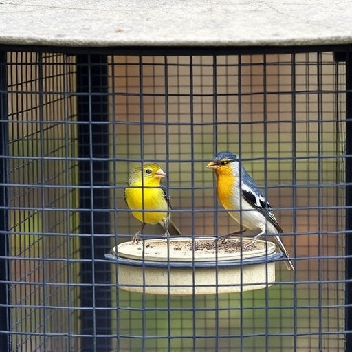 Birds feeding inside squirrel-proof cage