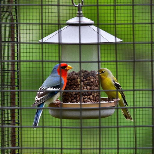 Birds feeding inside squirrel-proof cage