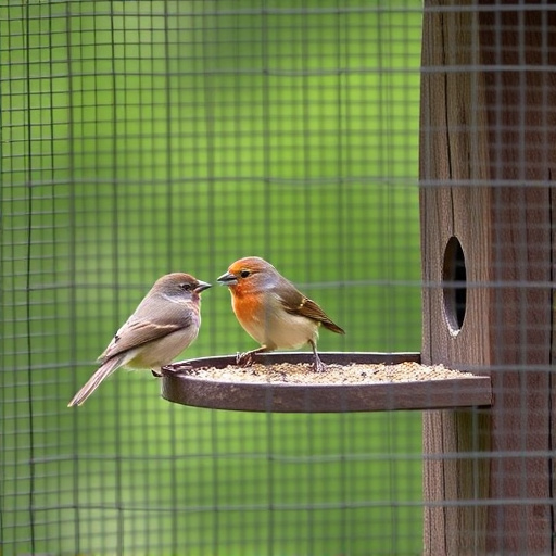 Birds feeding inside squirrel-proof cage
