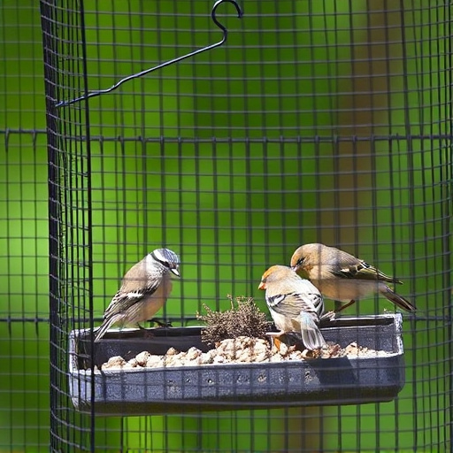 Birds feeding inside squirrel-proof cage