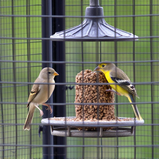 Birds feeding inside squirrel-proof cage