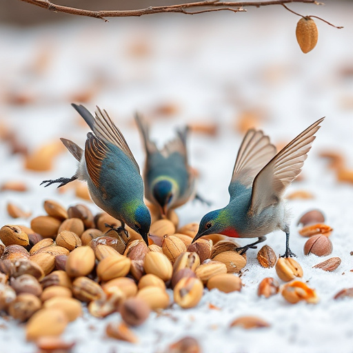 Birds feeding on fallen nuts