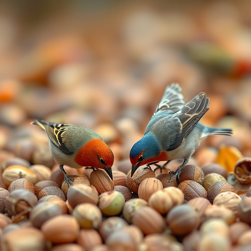 Birds feeding on fallen nuts