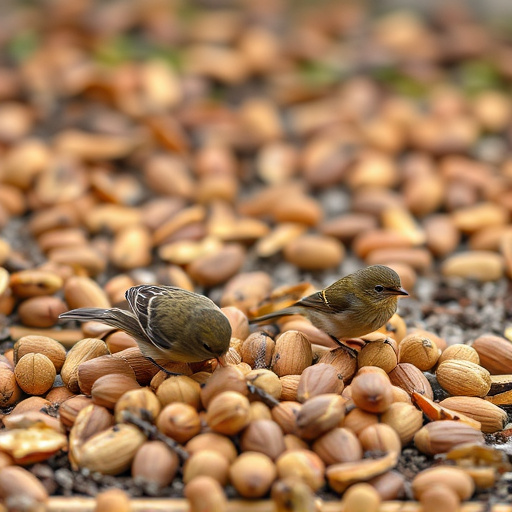 Birds feeding on fallen nuts