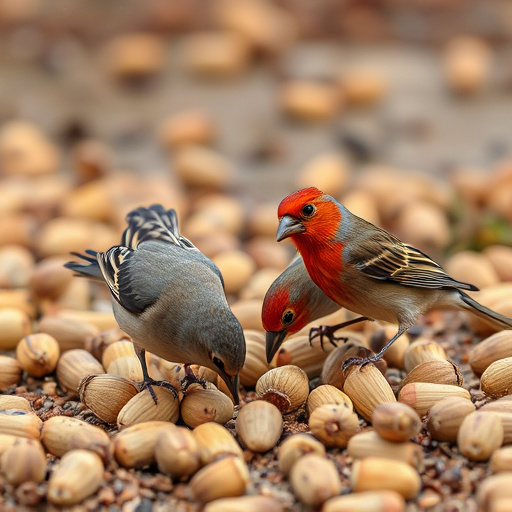 Birds feeding on fallen nuts