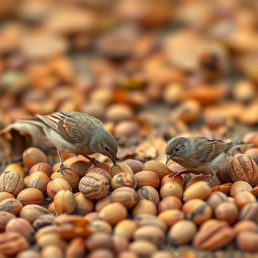 Birds feeding on fallen nuts