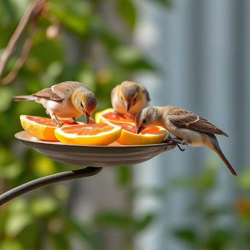 Birds feeding on fruit slices outdoors
