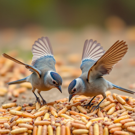 Birds feeding on scattered seeds