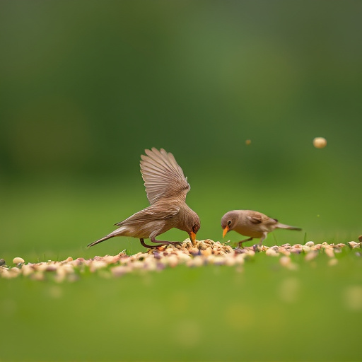 Birds feeding on scattered seeds