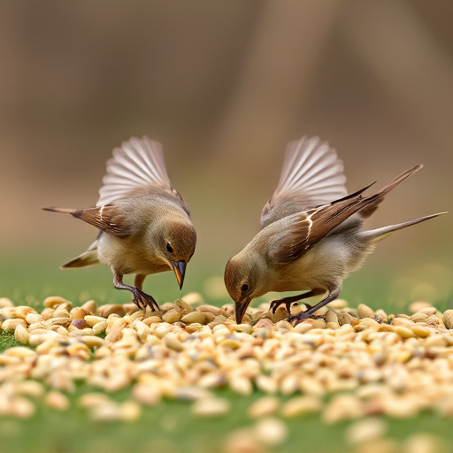 Birds feeding on scattered seeds