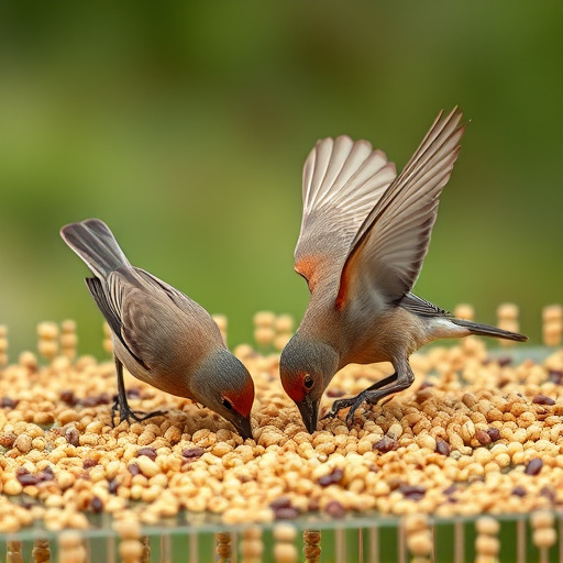 Birds feeding on scattered seeds