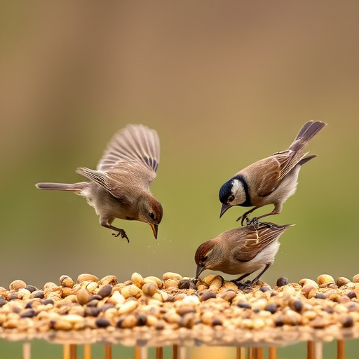 Birds feeding on scattered seeds