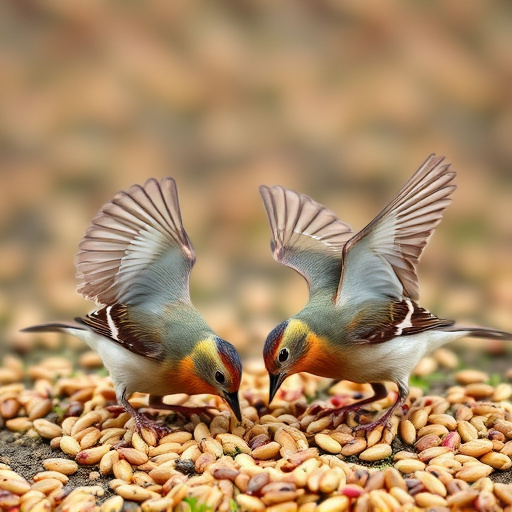 Birds feeding on scattered seeds
