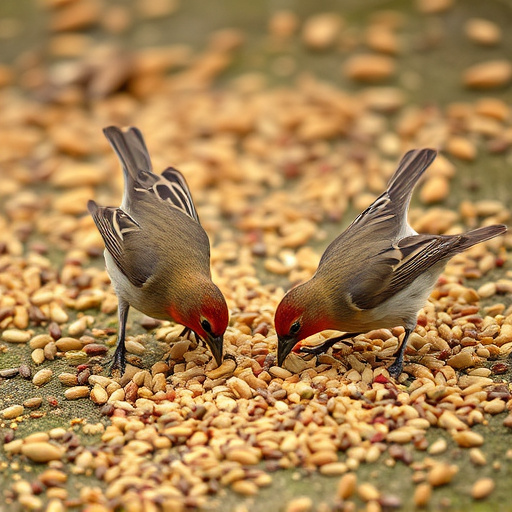 Birds feeding on scattered seeds