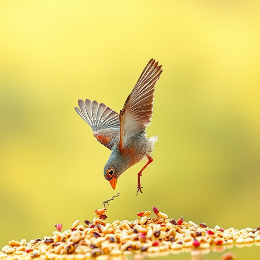 Birds feeding on scattered seeds