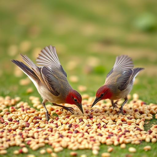 Birds feeding on scattered seeds
