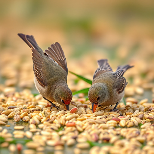Birds feeding on scattered seeds