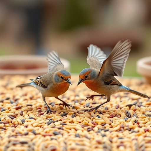 Birds feeding on scattered seeds