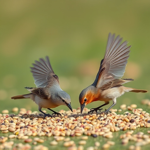 Birds feeding on scattered seeds