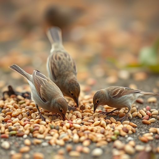 Birds feeding on scattered seeds