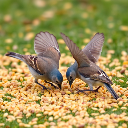Birds feeding on scattered seeds