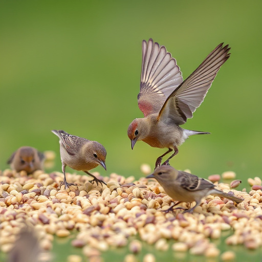 Birds feeding on scattered seeds