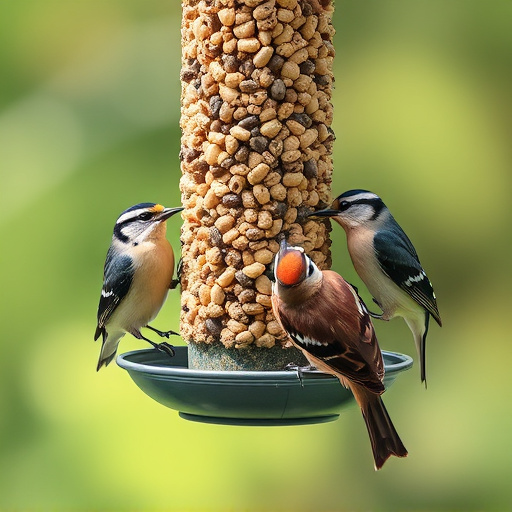 Birds feeding on suet balls feeder